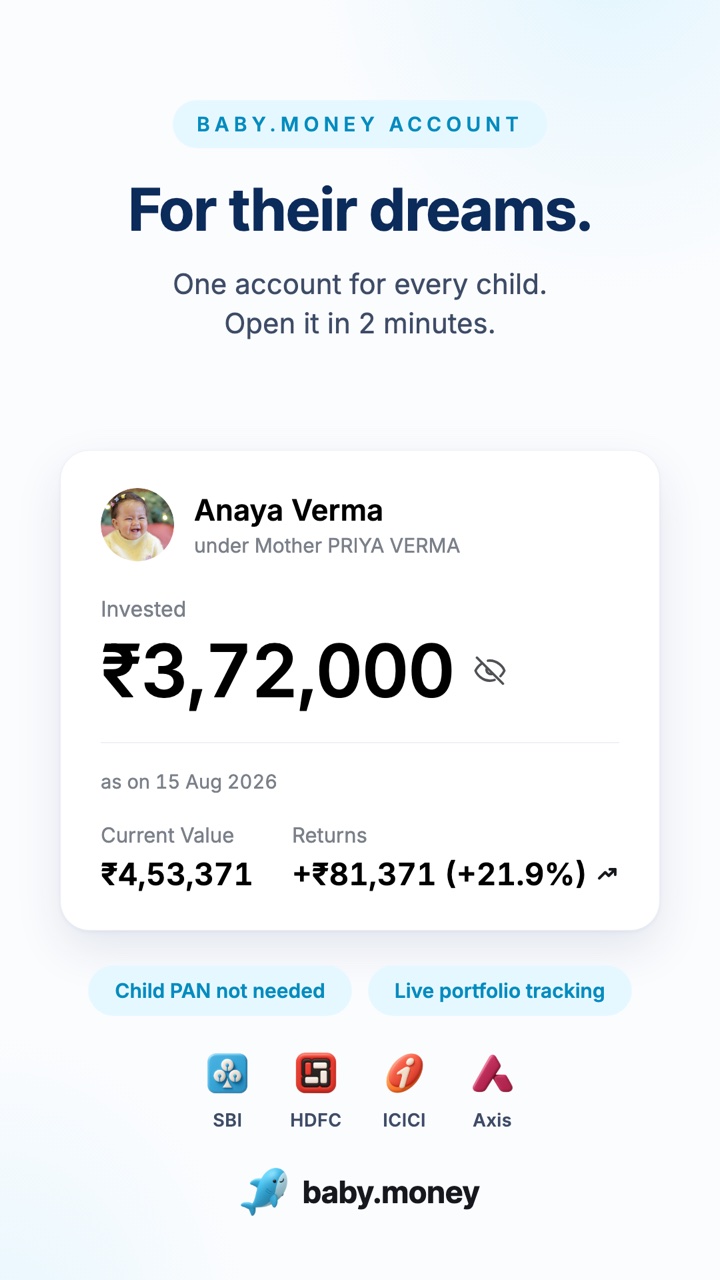 One account for every child: a child’s baby.money account card showing the amount invested, its current value and returns